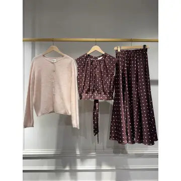 Three women's clothing items hanging on wooden hangers from a gold rack: a light blush pink cardigan, a dark plum polka-dot cropped tie-front top, and a matching dark plum polka-dot midi skirt, against a gray wall.