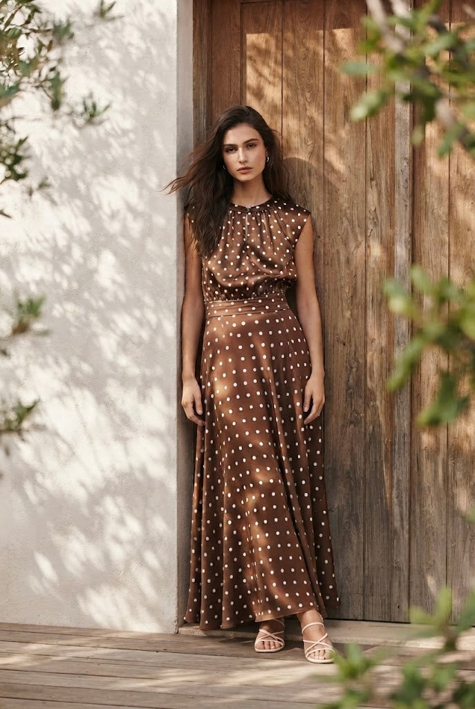 A woman stands outdoors against a rustic wooden door and white wall, wearing a sleeveless brown maxi dress with a white polka-dot pattern and beige strappy sandals.
