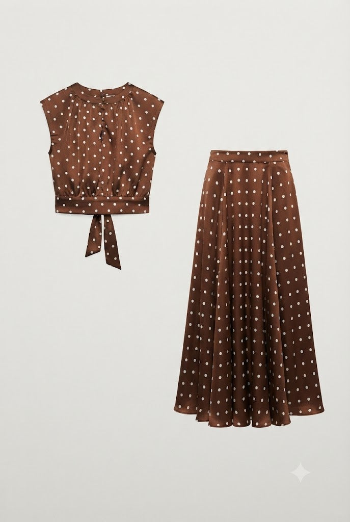 A two-piece women's outfit set featuring a brown sleeveless crop top with a tie-front waist and a matching high-waisted pleated midi skirt, both in a brown and white polka dot pattern, shown against a light gray background.
