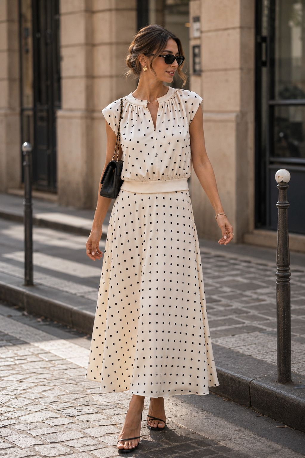 Woman in a white polka dot dress walking on a city street.