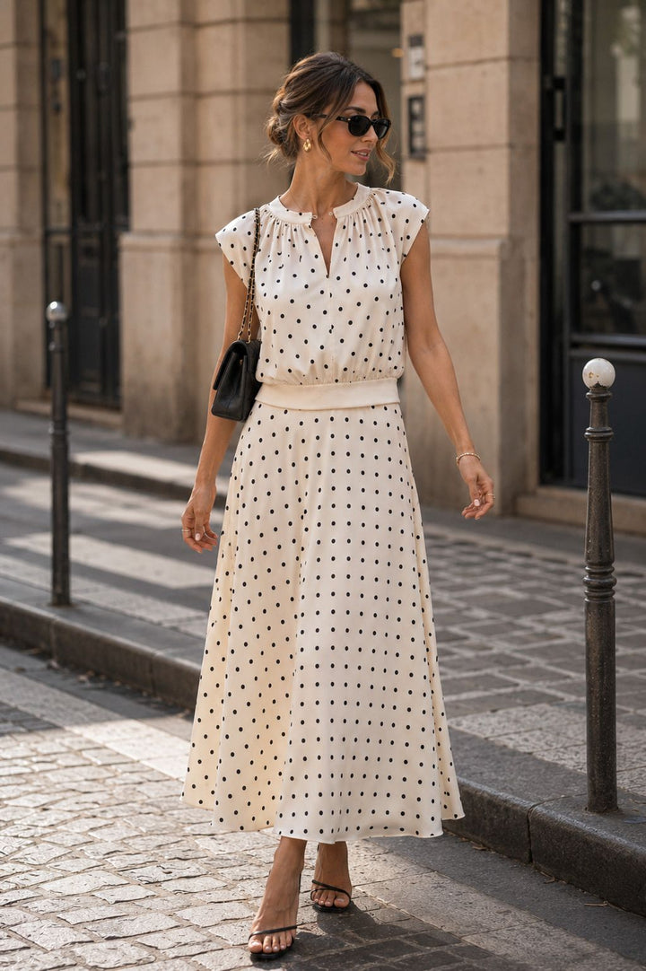 Woman in a white polka dot dress walking on a city street.