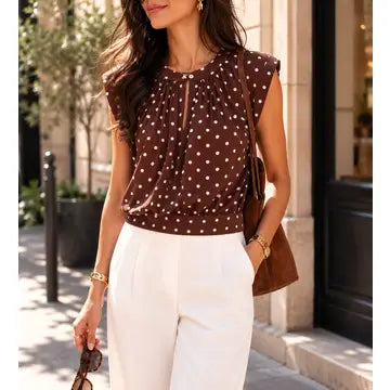A woman wearing a brown sleeveless blouse with white polka dots and white trousers, standing on a city sidewalk.