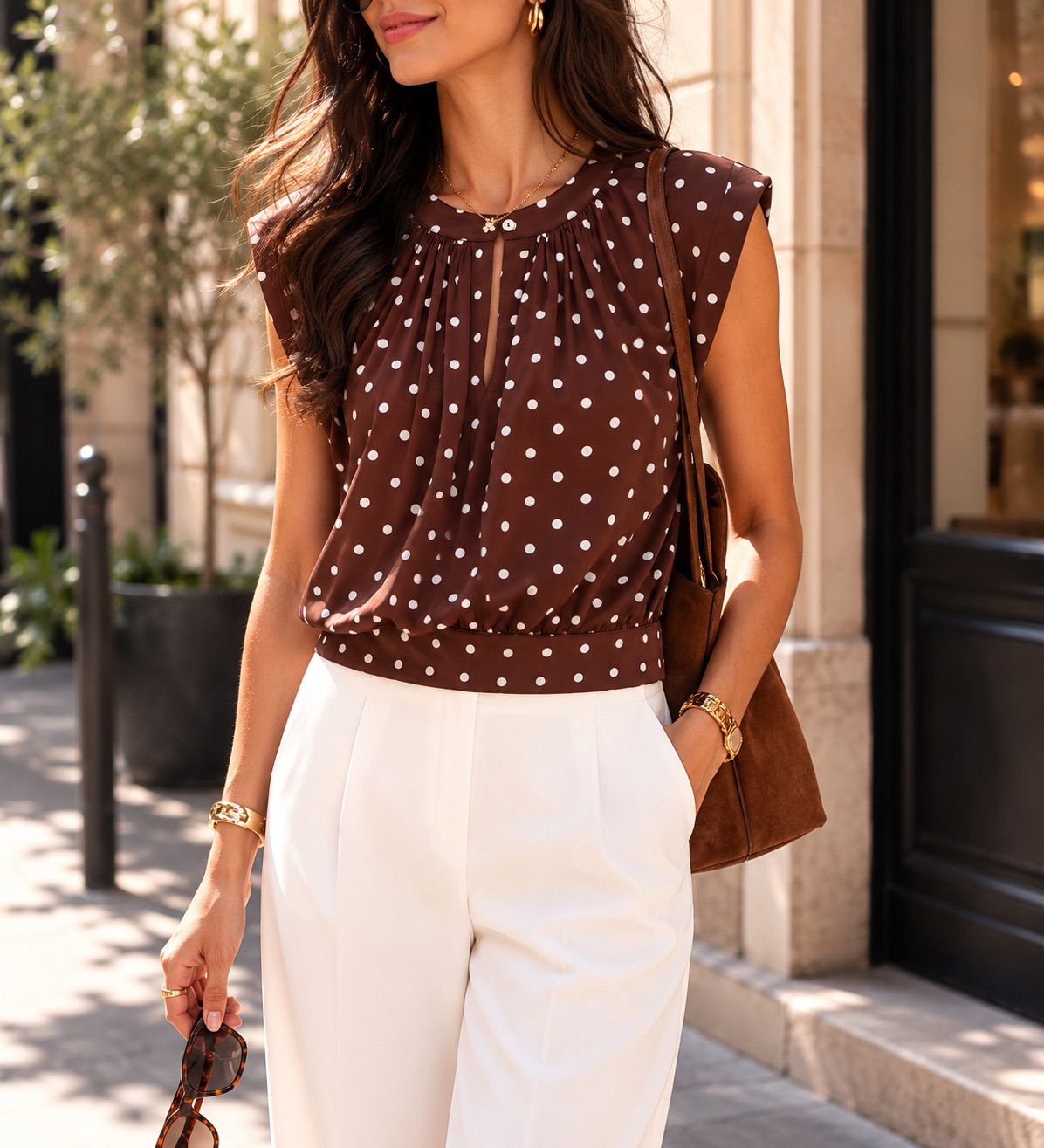 Woman wearing a brown polka dot top and white pants on a city street.