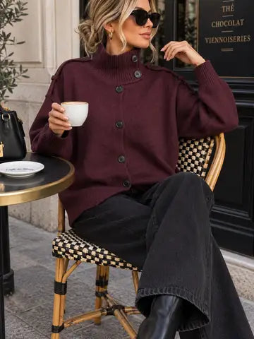 Amelia Oversized Soft Knit Cardigan with Collar – Asymmetric Buttoning - Plum