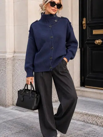Amelia Oversized Soft Knit Cardigan with Collar – Asymmetric Buttoning - Navy Blue