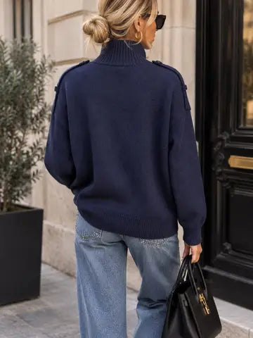 Amelia Oversized Soft Knit Cardigan with Collar – Asymmetric Buttoning - Navy Blue