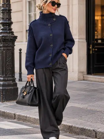 Amelia Oversized Soft Knit Cardigan with Collar – Asymmetric Buttoning - Navy Blue