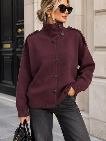 Amelia Oversized Soft Knit Cardigan with Collar – Asymmetric Buttoning - Plum