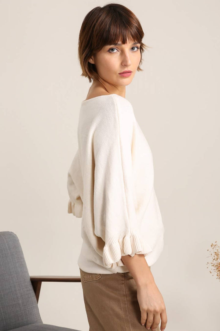 Woman wearing a white blouse with puffed sleeves against a plain background