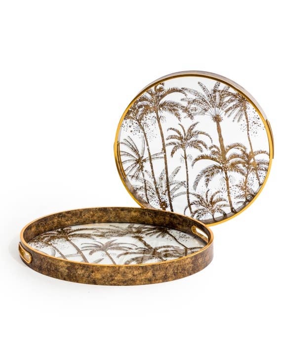 Decorative tray with palm tree design on a white background