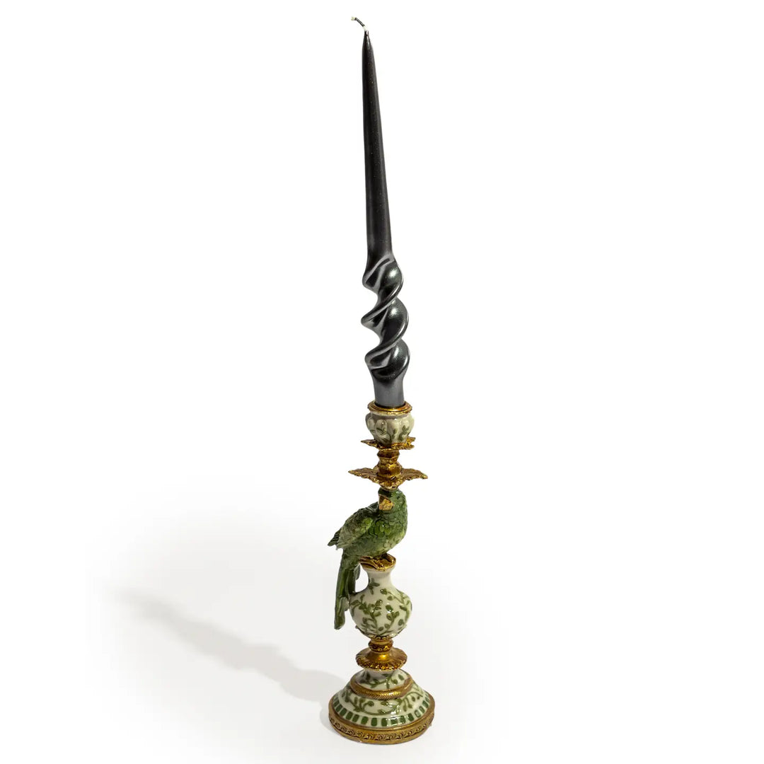 Antiqued Ornate Green/White Parrot Candle Holder