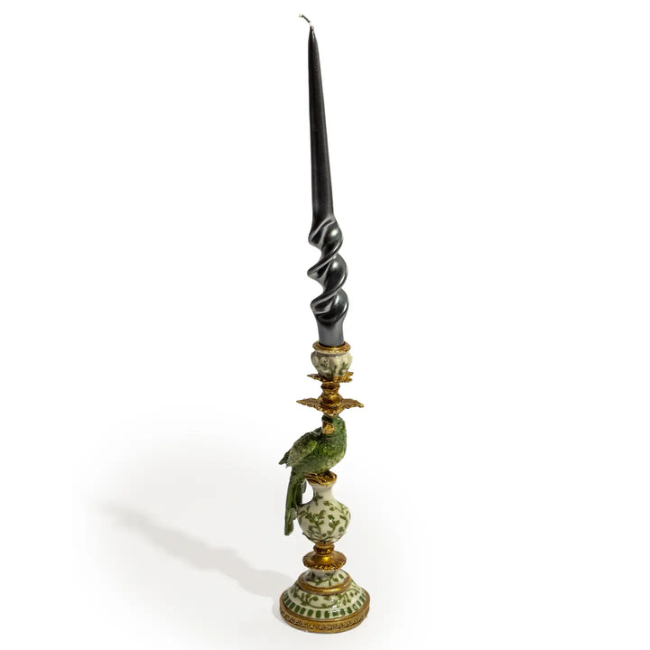 Antiqued Ornate Green/White Parrot Candle Holder