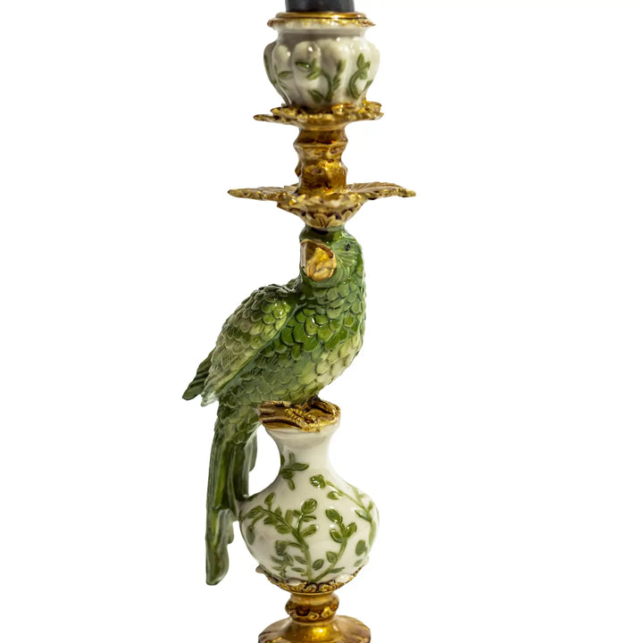 Antiqued Ornate Green/White Parrot Candle Holder