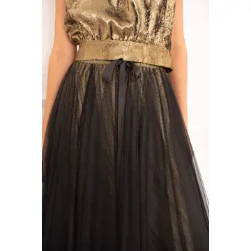 Gold top and black tulle skirt on a white background