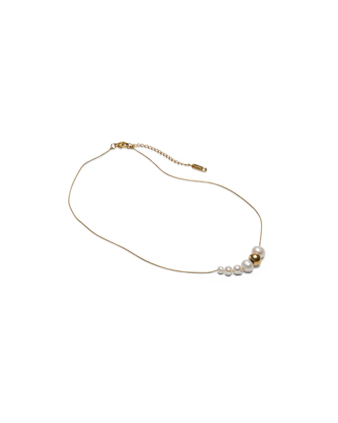 Gold necklace with pearls on a white background