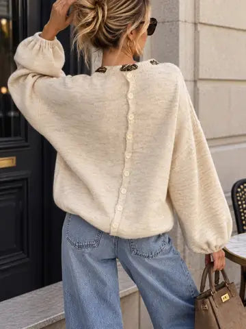 Ashley Soft Knit Sweater with Balloon Sleeves and Leopard-Print Bow - Beige