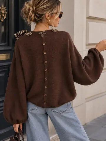 Ashley Soft Knit Sweater with Balloon Sleeves and Leopard-Print Bow - Brown