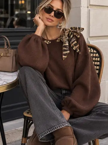 Ashley Soft Knit Sweater with Balloon Sleeves and Leopard-Print Bow - Brown