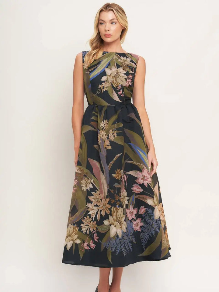 Woman wearing a floral dress on a white background