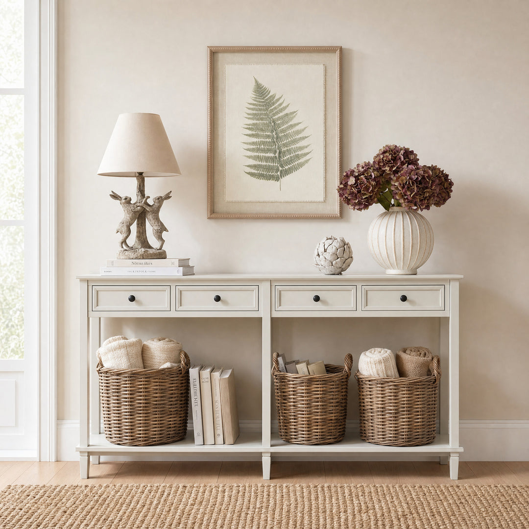 White console table with decorative items including a lamp, framed artwork, and baskets in a room.
