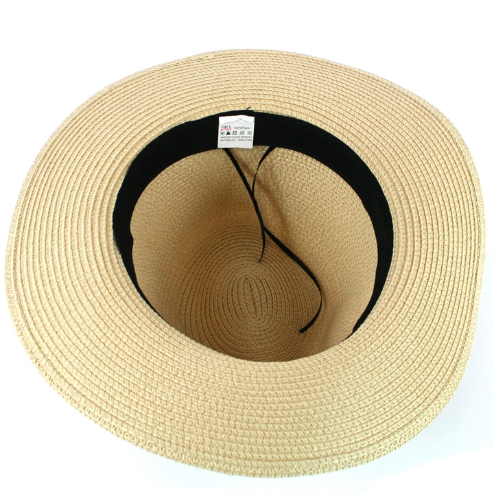 Beige straw hat with black band on a white background