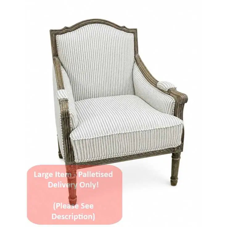 Pearson-Style Blue & White Pinstripe Wooden Armchair