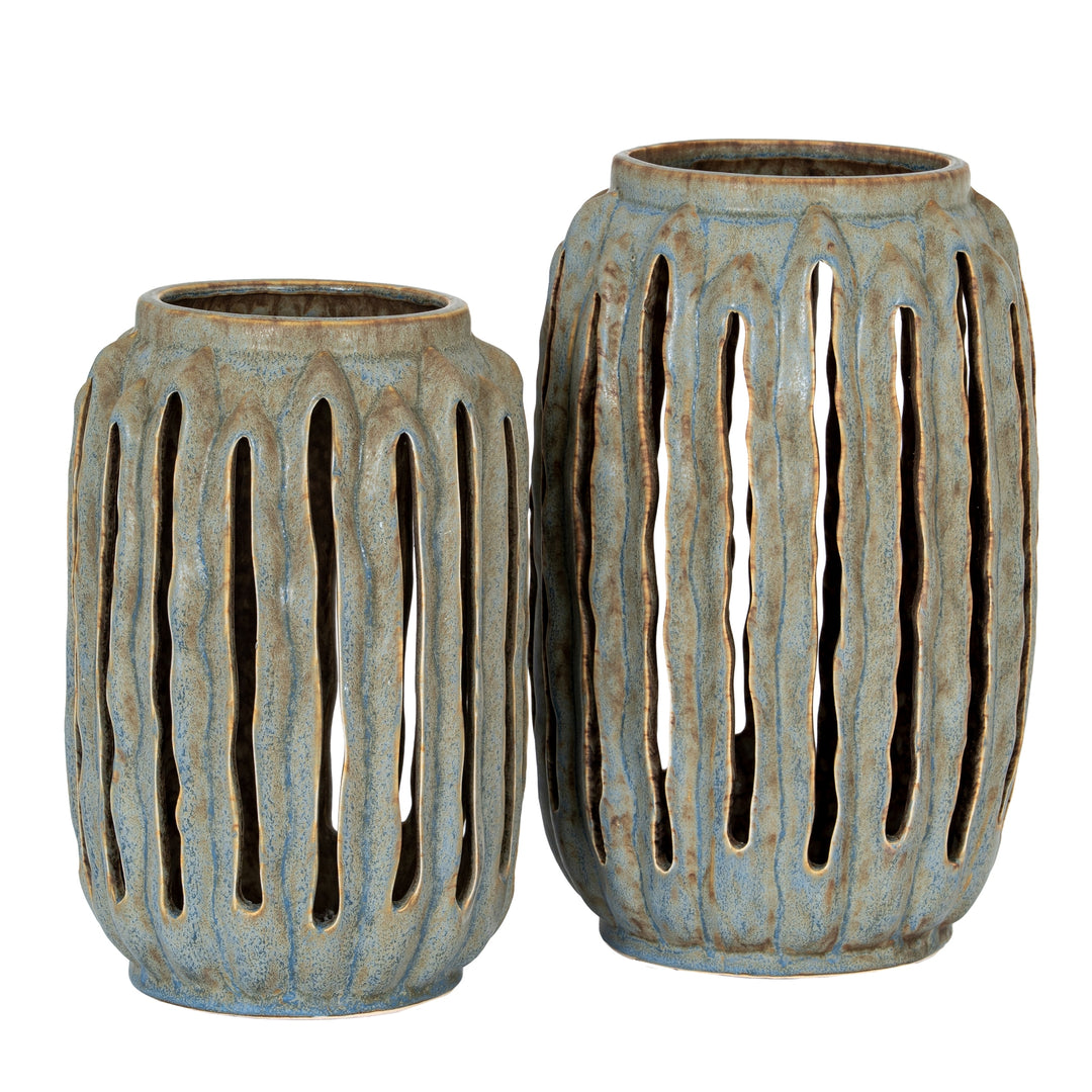 Two ceramic vases with textured design on a white background