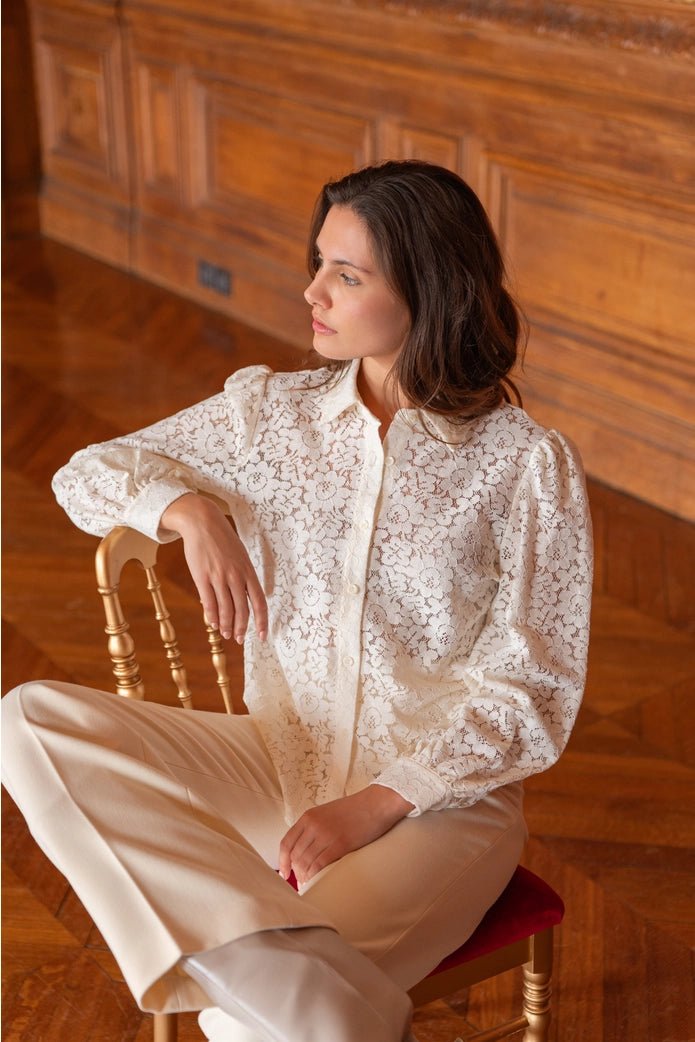 Charlotte Lace Blouse with Lavallière Bow - Cream - Monica Luz