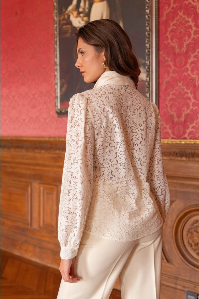 Charlotte Lace Blouse with Lavallière Bow - Cream - Monica Luz