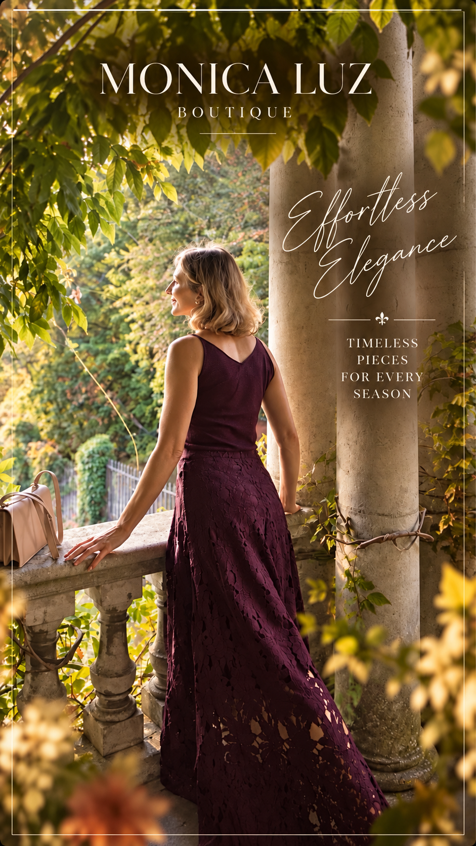 A woman wearing a sleeveless deep plum maxi dress stands on an outdoor stone balcony framed by green foliage, with the text 'MONICA LUZ BOUTIQUE' and 'Effortless Elegance' overlaid on the image.