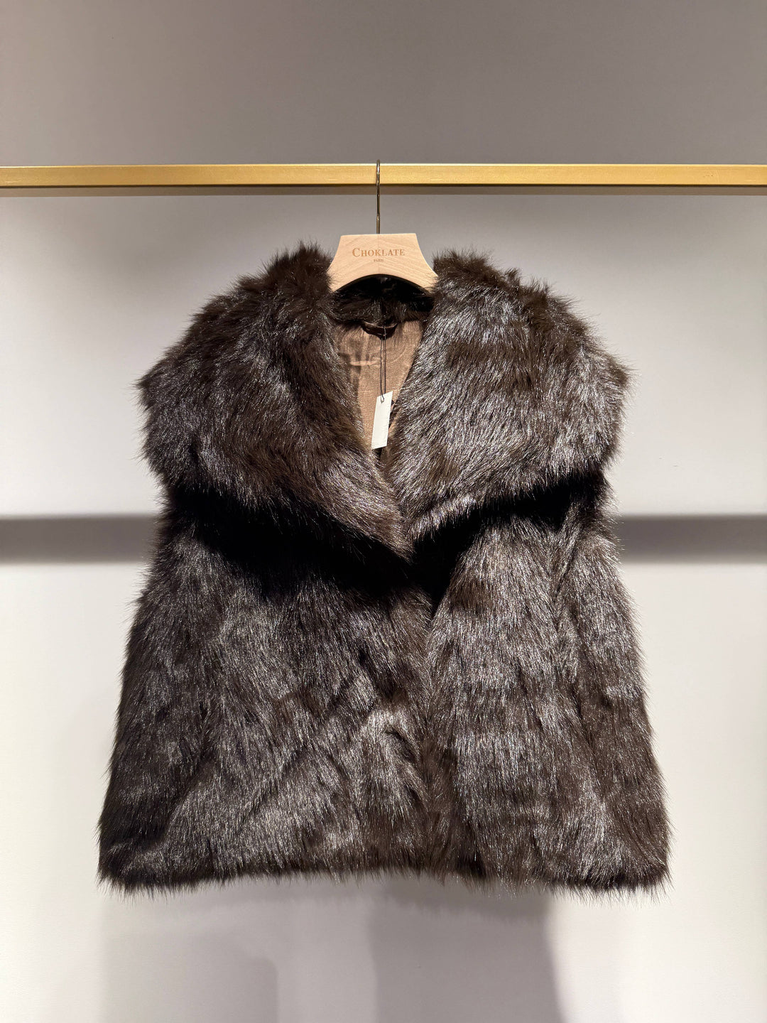 Faux Fur vest on a hanger against a neutral background