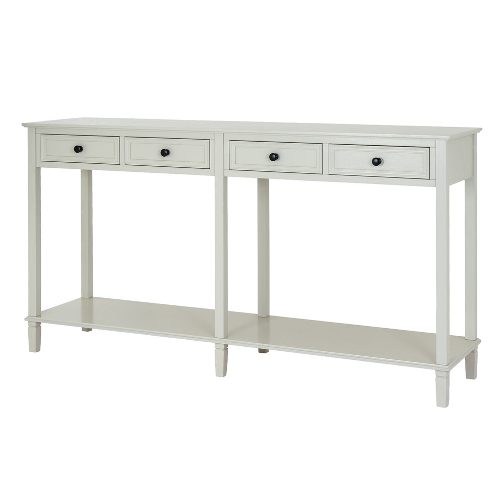 White console table with three drawers and an open shelf on a white background