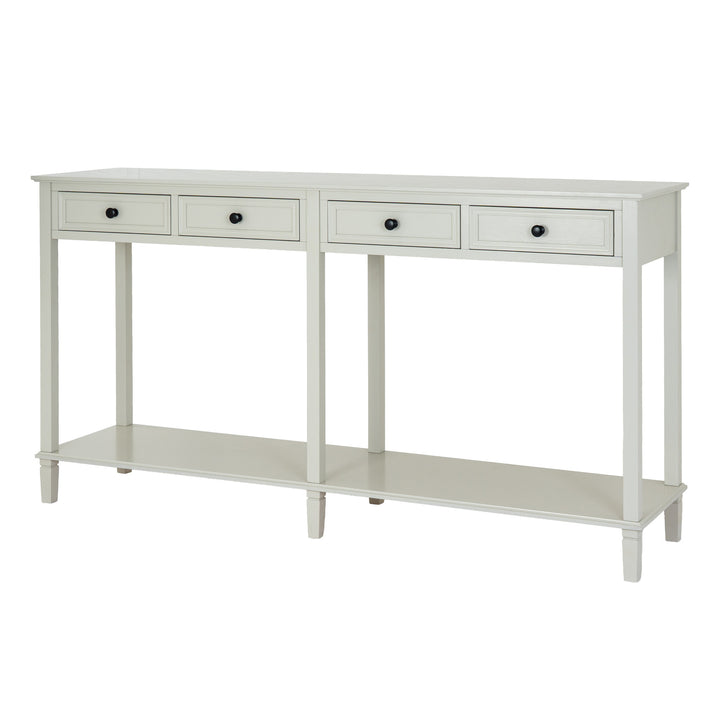 White console table with three drawers and an open shelf on a white background