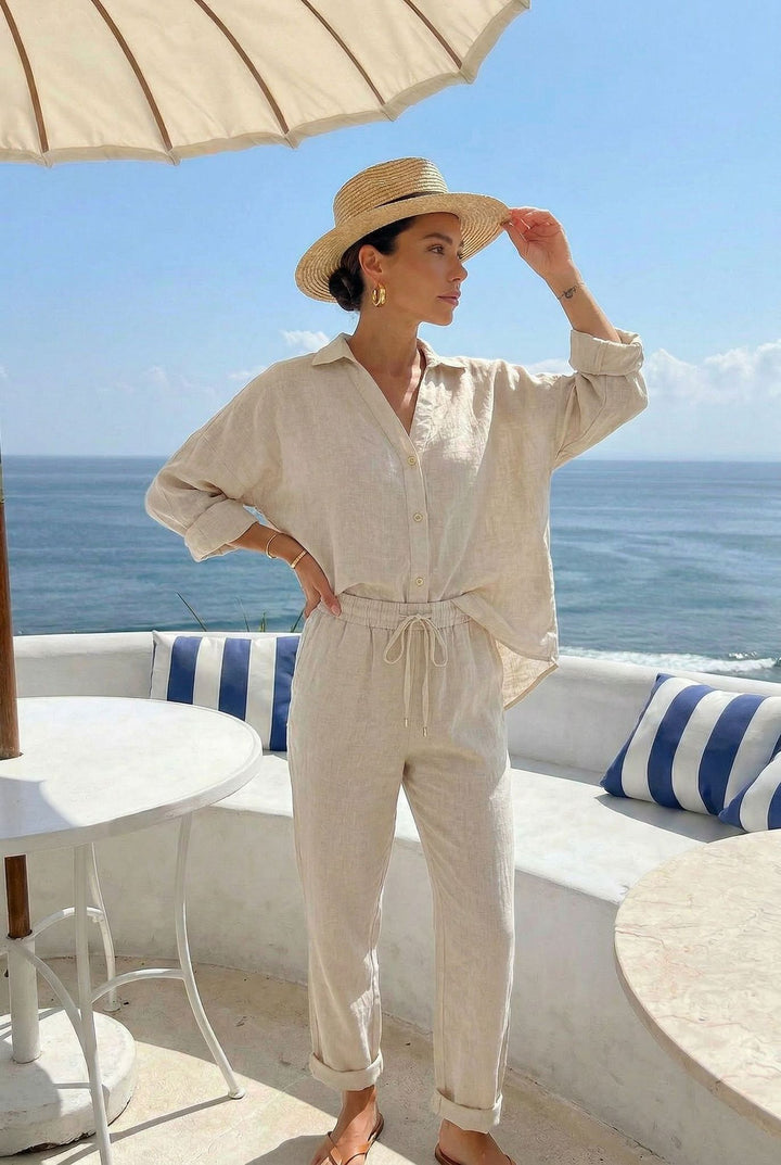 Woman in a beige outfit with a hat on a balcony overlooking the ocean.