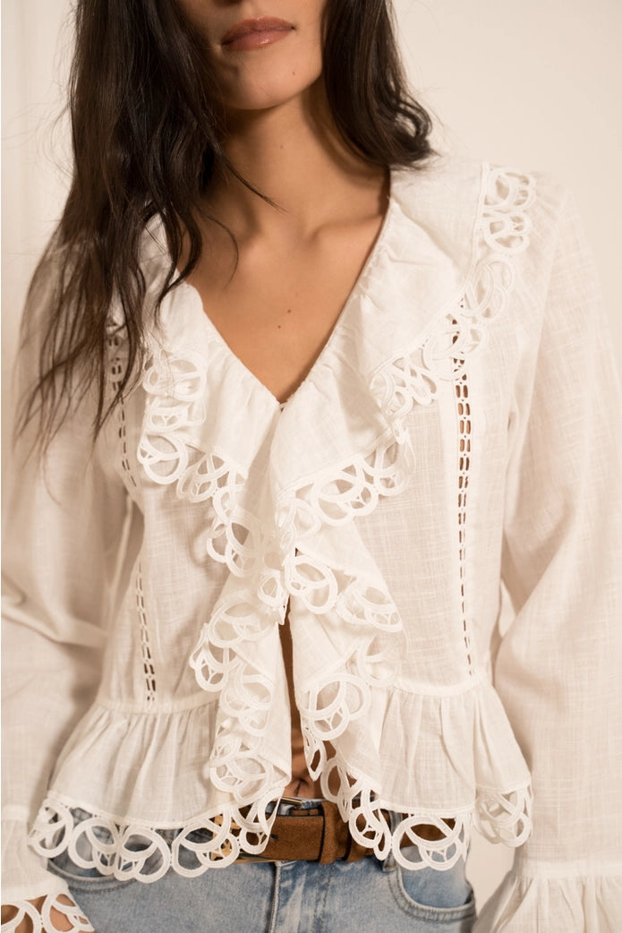 White lace-trimmed blouse worn by a person on a light background