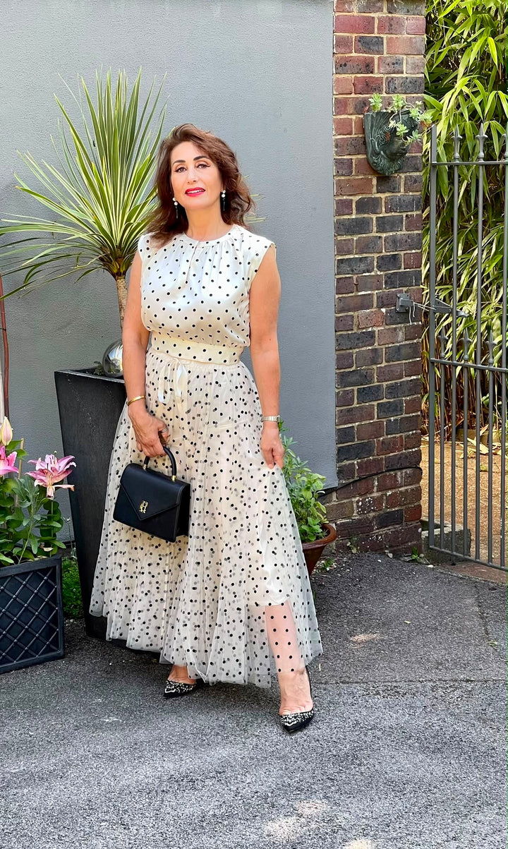 Polka Dot Tulle Skirt - Ecru/Black velvet dots