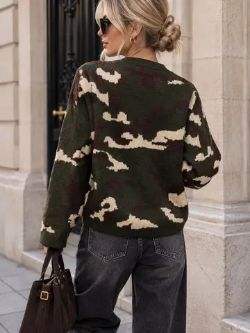 Denise Knit Cardigan with Camouflage Pattern – Double Row of Gold Buttons