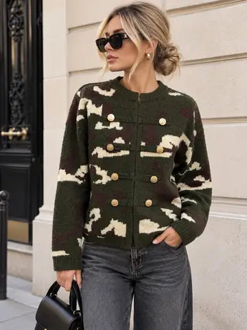 Denise Knit Cardigan with Camouflage Pattern – Double Row of Gold Buttons