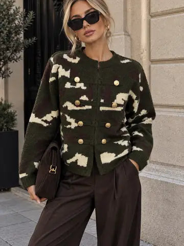 Denise Knit Cardigan with Camouflage Pattern – Double Row of Gold Buttons