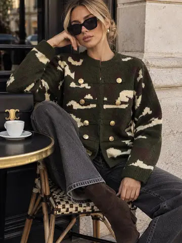 Denise Knit Cardigan with Camouflage Pattern – Double Row of Gold Buttons