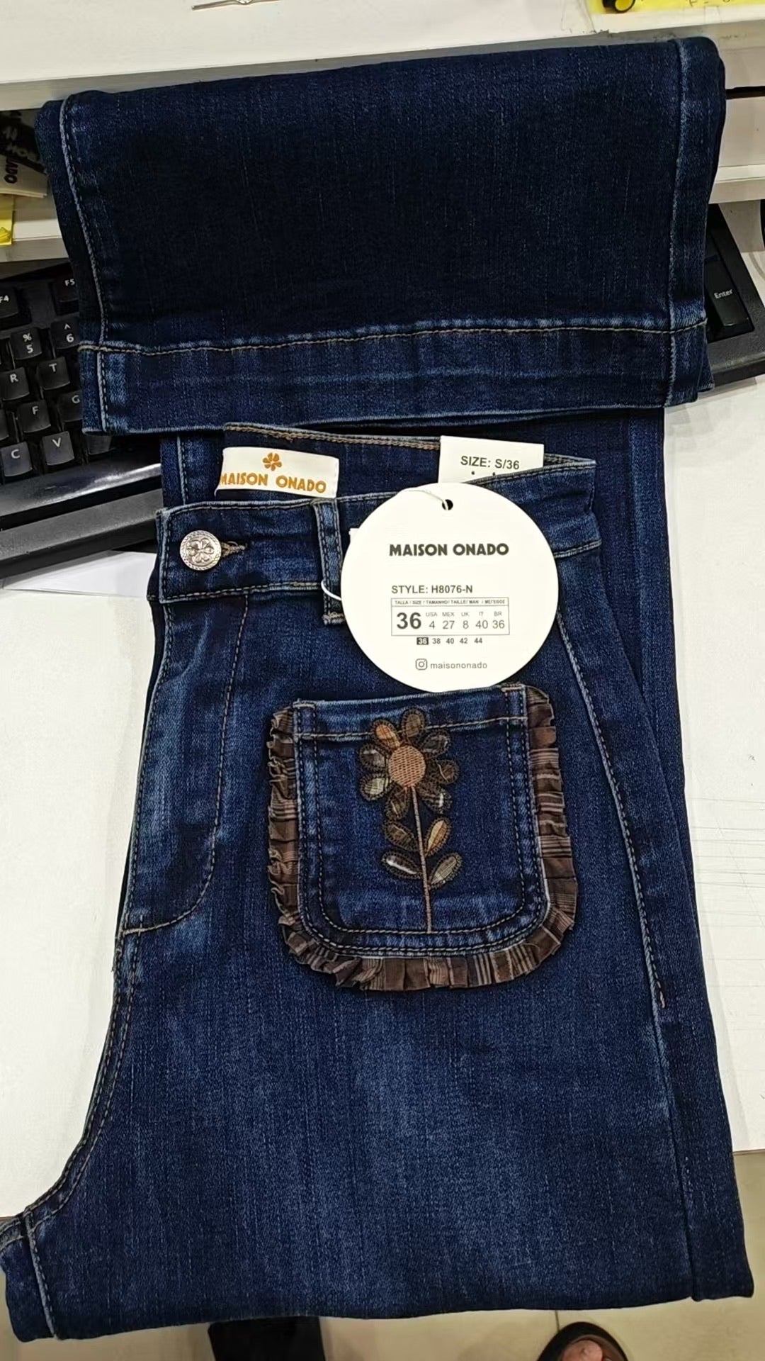 Florence Dark Wash Floral Pocket Wide Leg Jeans