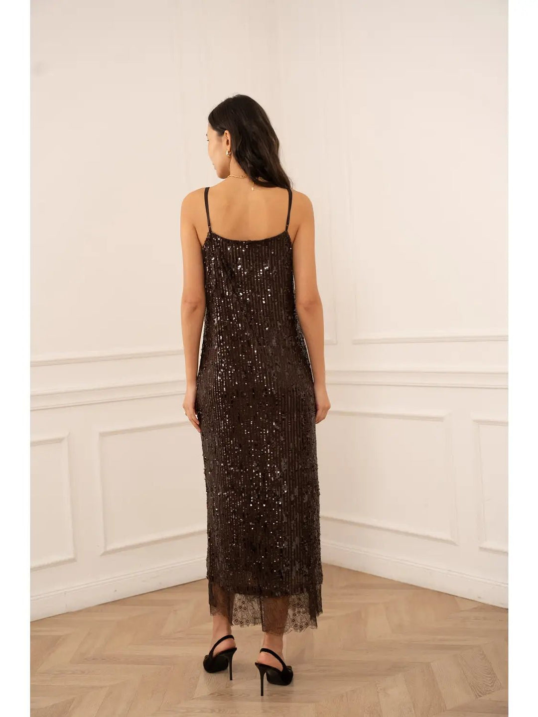 Edith Sequin & Lace Maxi Dress Chocolate Brown - Evening Gown | Monica Luz M Edith Sequin & Lace Maxi Dress Chocolate Brown - Evening Gown | Monica Luz M