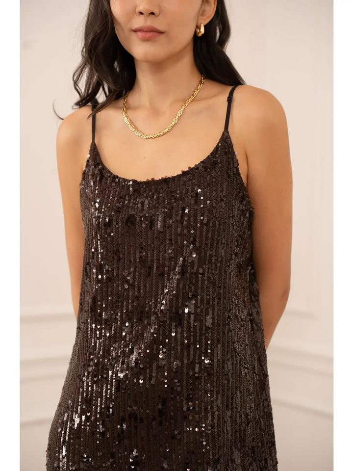 Edith Sequin & Lace Dress - Chocolate Brown