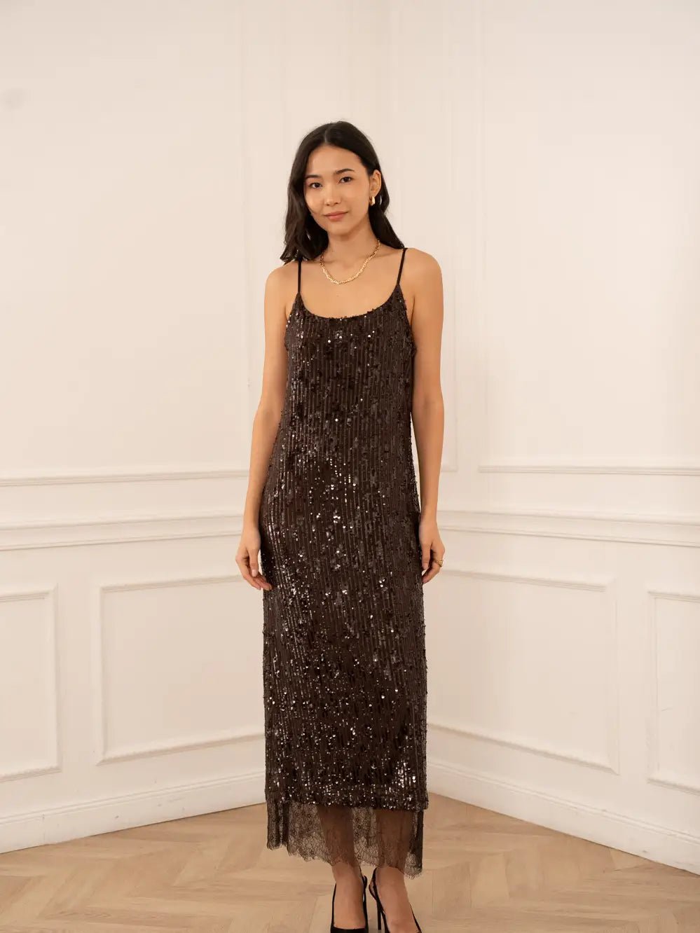 Edith Sequin & Lace Dress - Chocolate Brown - Monica Luz