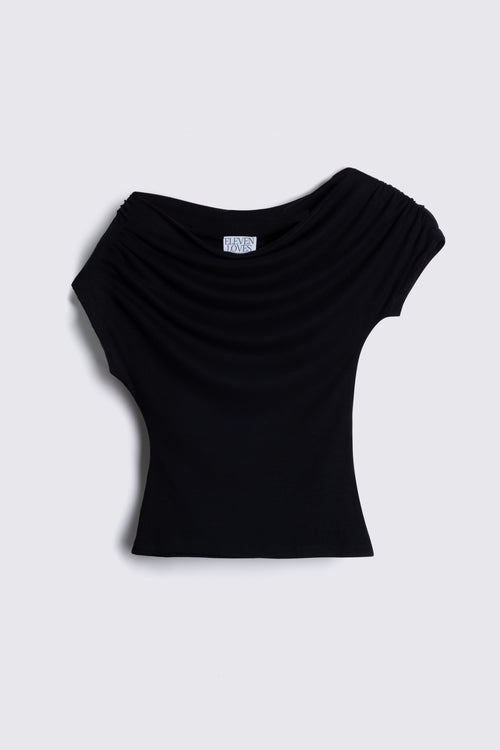 A black off-the-shoulder knit top with ruched draping details, displayed flat against a light gray background.