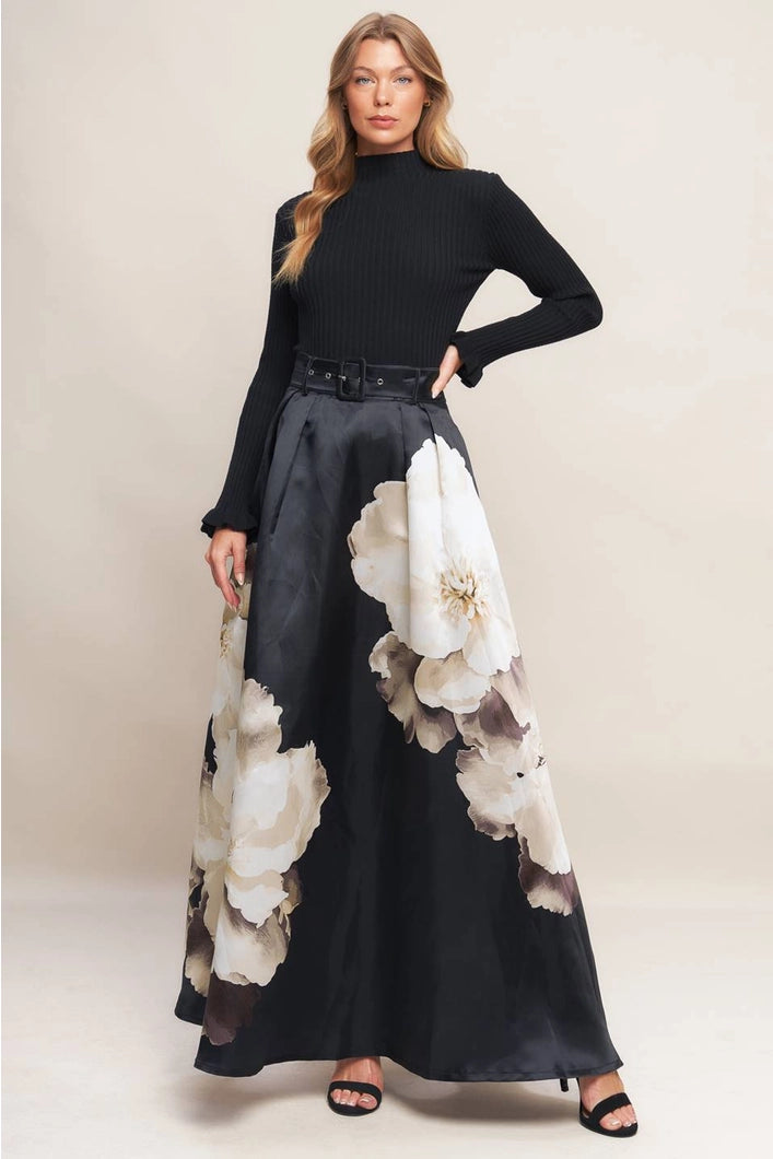 Eugenie Printed Woven Maxi Skirt | Black floral