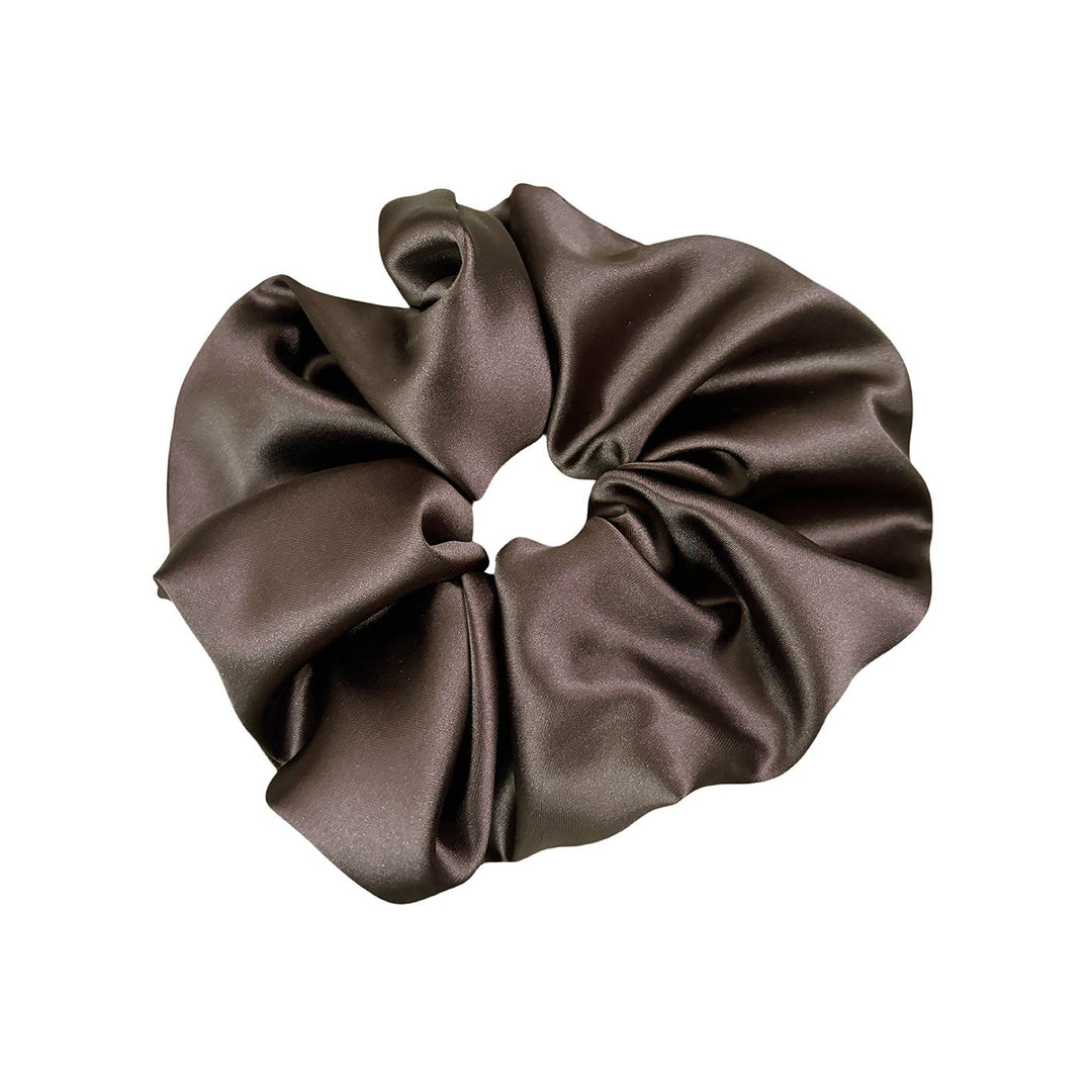 Brown satin scrunchie on a white background