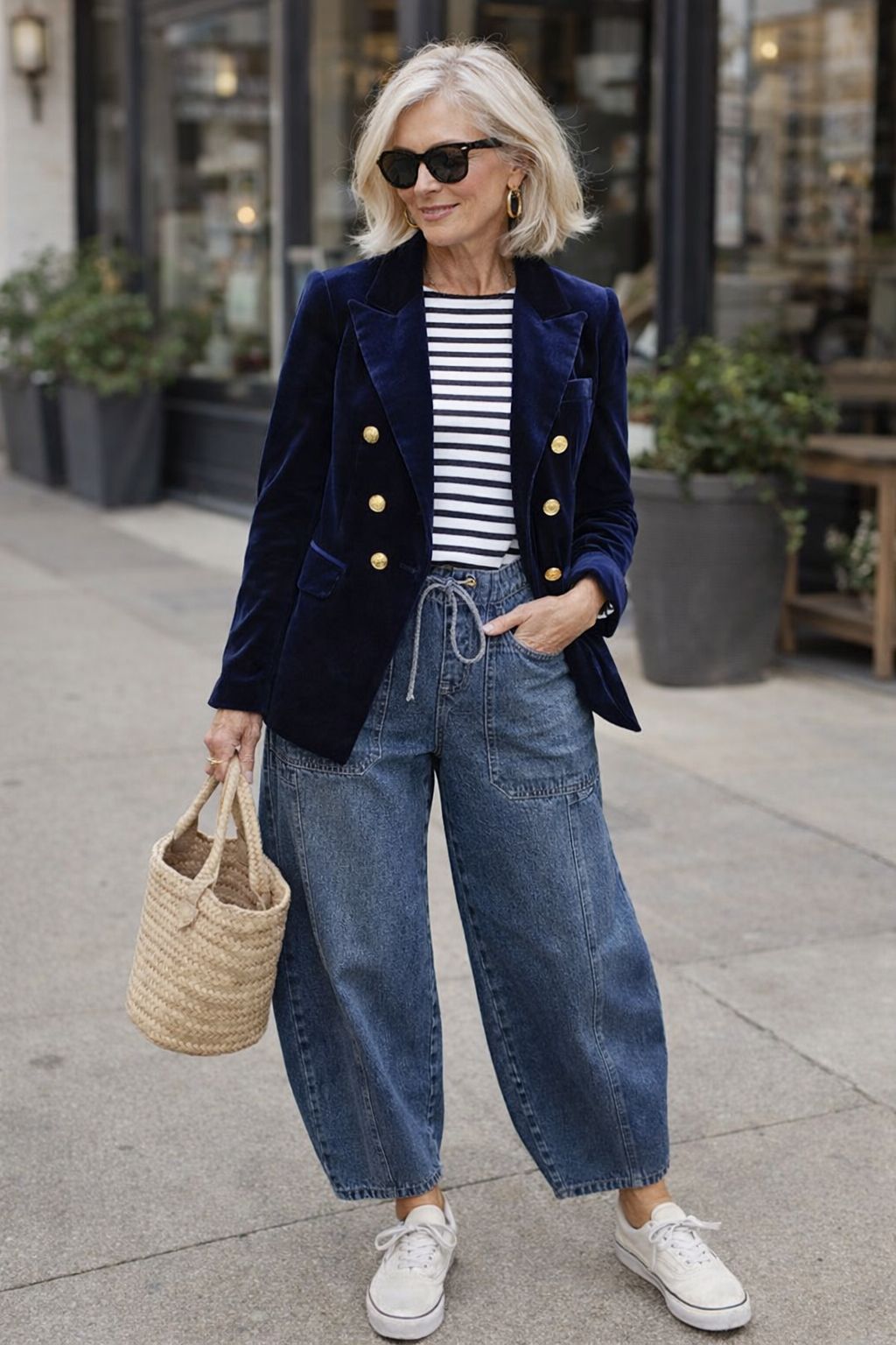 Woman wearing a navy blazer, striped shirt, and jeans on a city street.