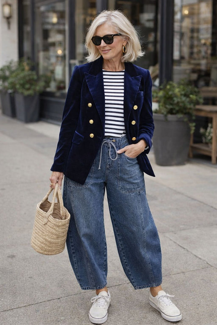 Woman wearing a navy blazer, striped shirt, and jeans on a city street.