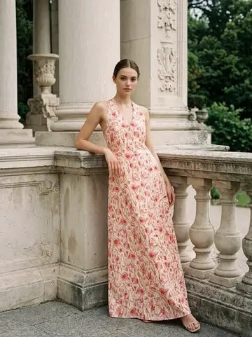 Woman in a floral dress leaning against classical architecture